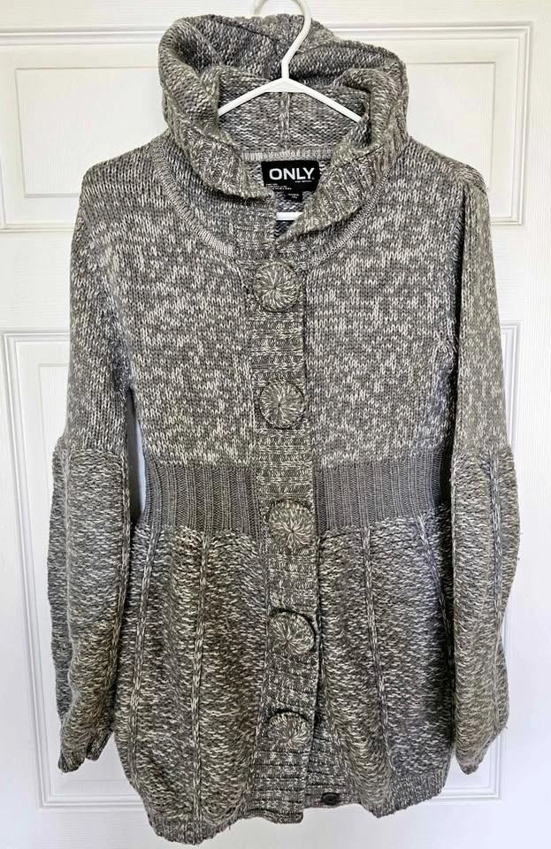 ONLY Women's Grey Hooded Wool Blend Chunky Knit Cardigan
