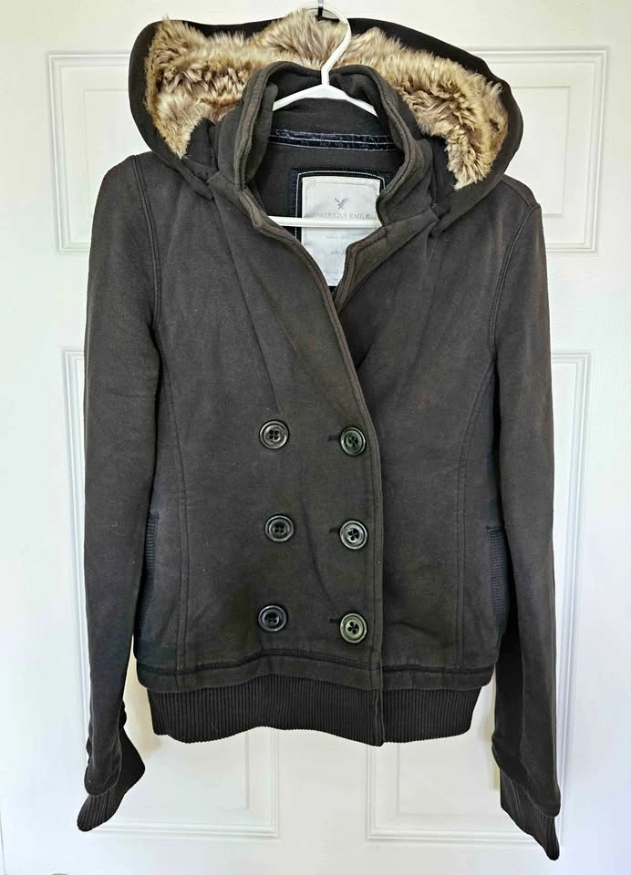 American Eagle Women's Faux Fur Hooded Fleece Peacoat - M