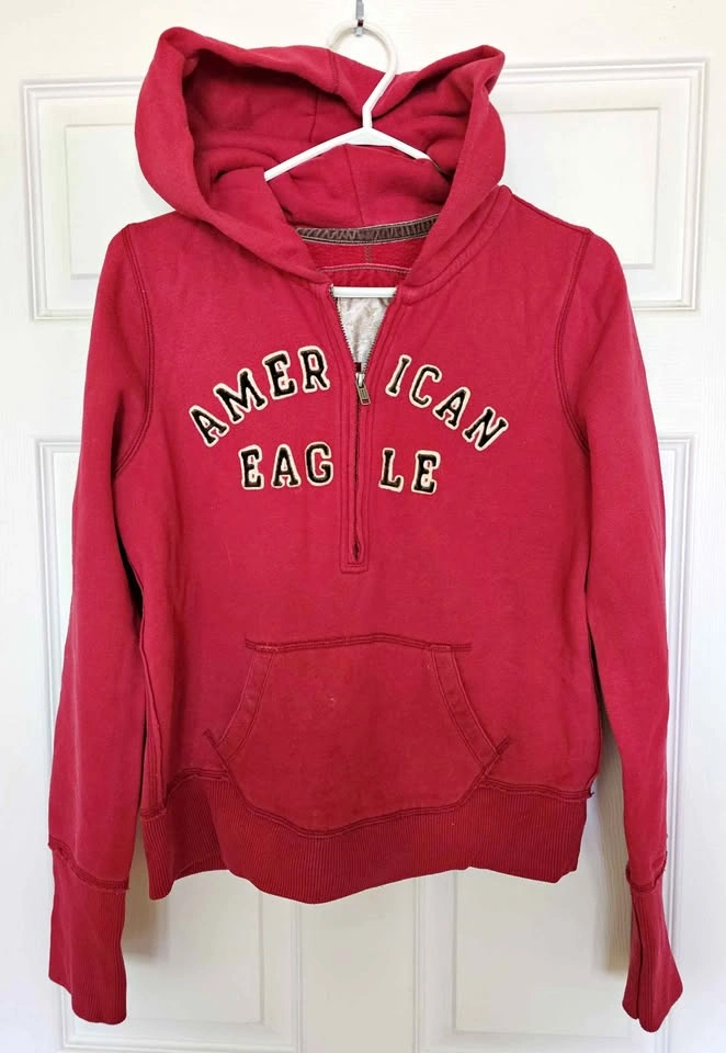 American Eagle Women's Red Half-Zip Pullover Fleece Hoodie - Siz