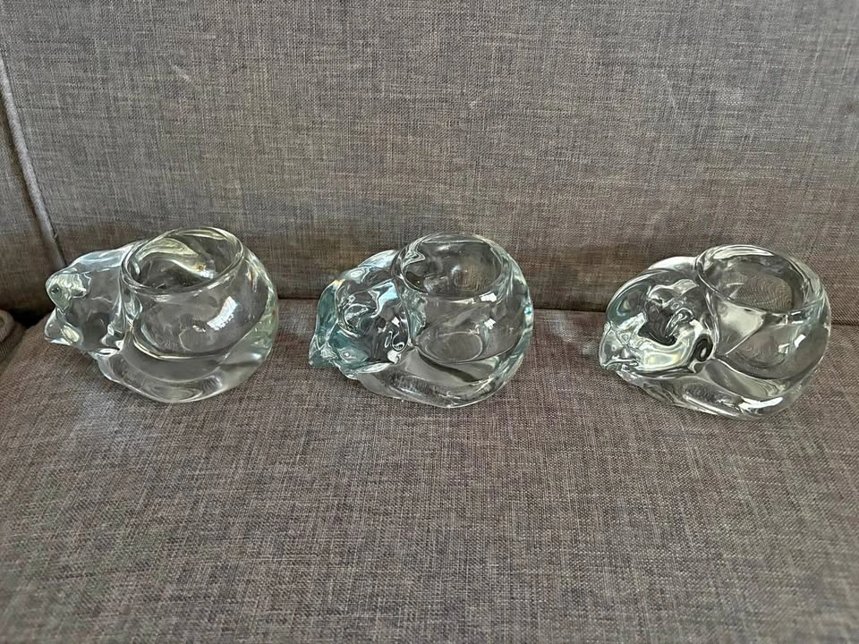 Vintage Indiana Glass Sleeping Cat Votive Candle Holders - Set o