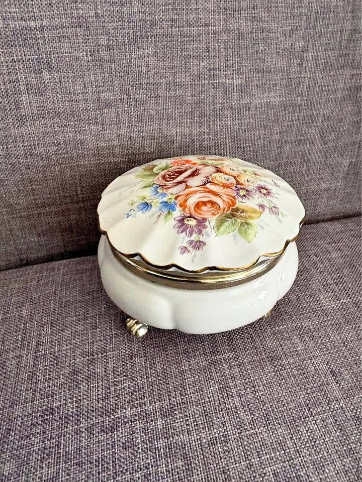 Vintage "Floral Court" Porcelain Footed Trinket Box
