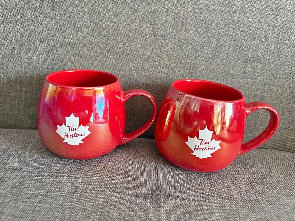 Lot of 2 Tim Hortons 2020 Red Metallic Shimmer Maple Leaf Coffee