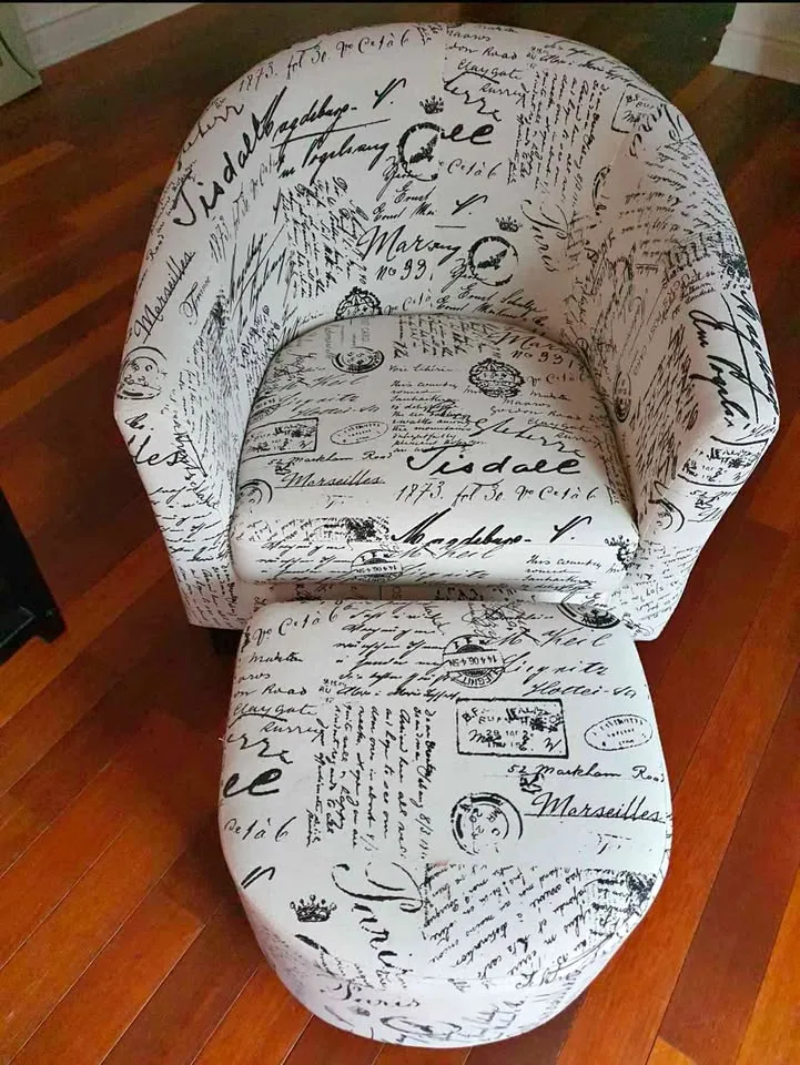 French script accent chair with ottoman thumbnail