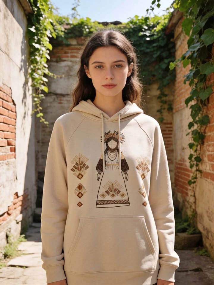 Beige Hoodie with Folk Embroidery