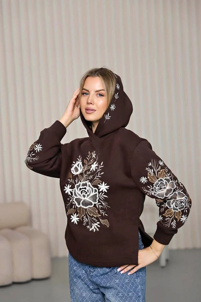 Brown Embroidered Floral Hoodie