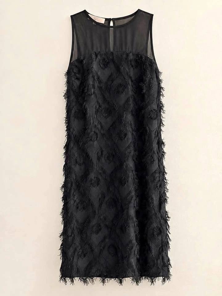 Michael Kors Black Textured Fringe Sheer Mesh Sleeveless Dress