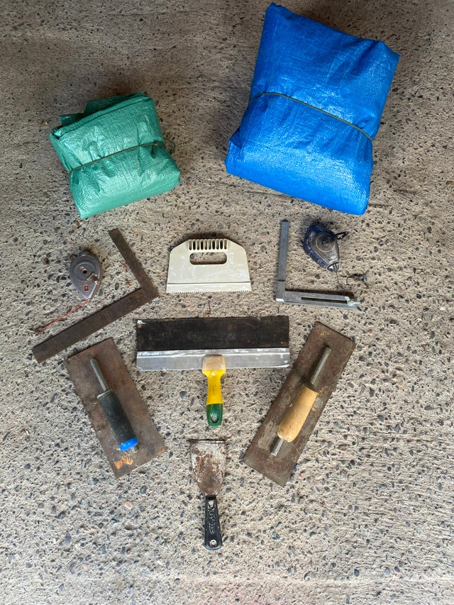 MASONRY and drywall tool lot with 18'x14' & 8'x10' Poly tarps