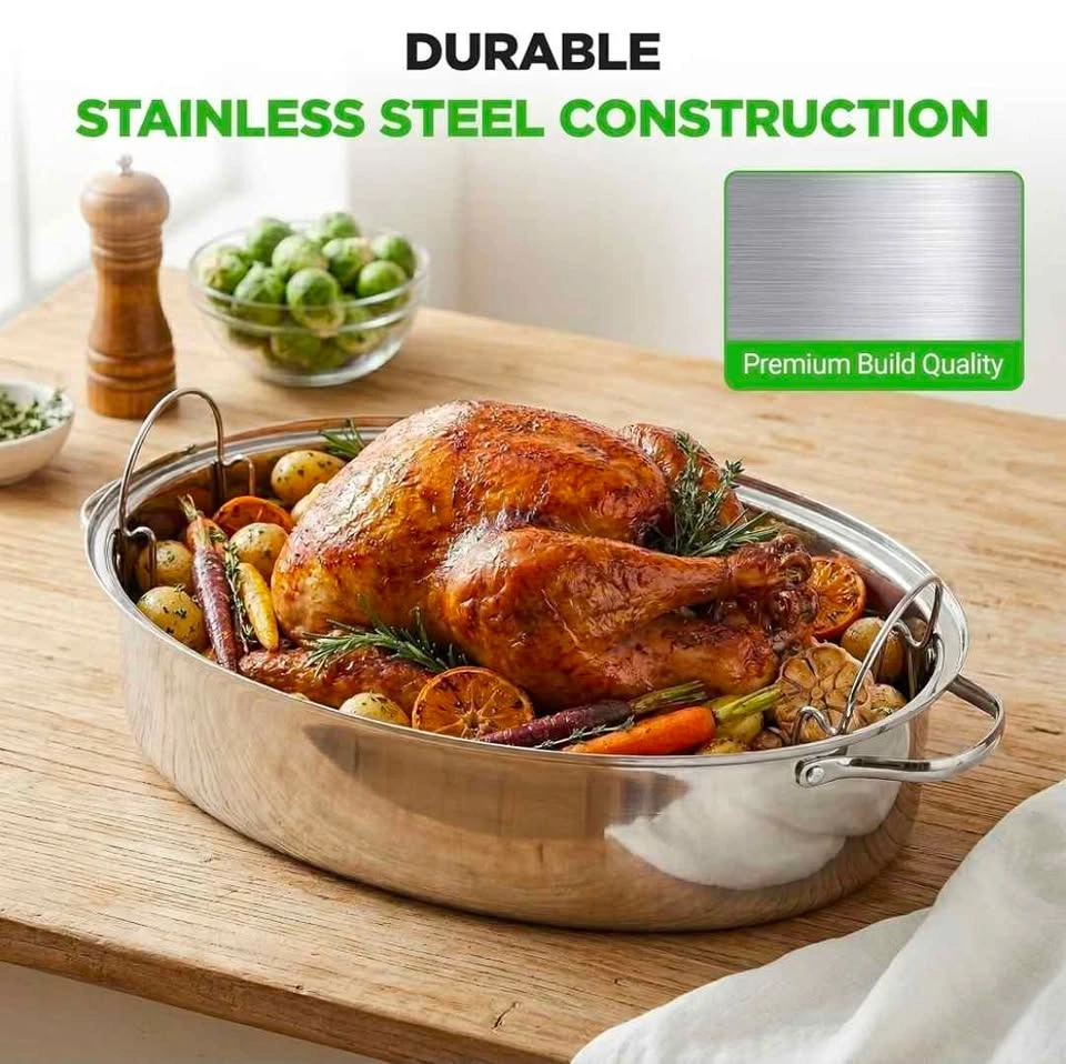 New PADERNO Stainless Steel Turkey Roaster Pan with Rack - photo 5