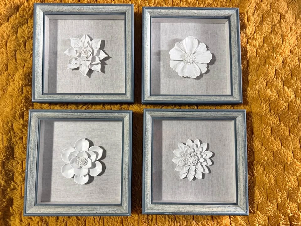 Porcelain Flower Wall Art Set of 4 Shadow Box, 5 x 5