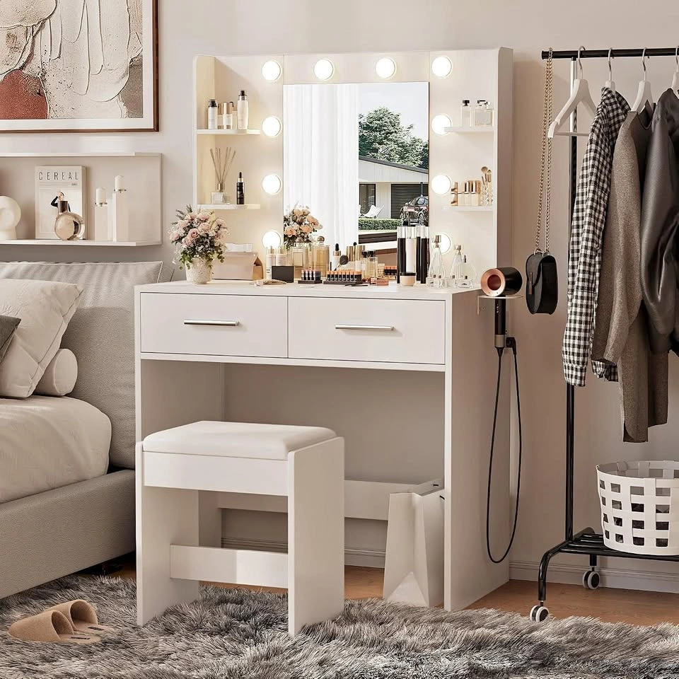 Makeup Vanity Desk with Mirror With Bench and Power Outlet