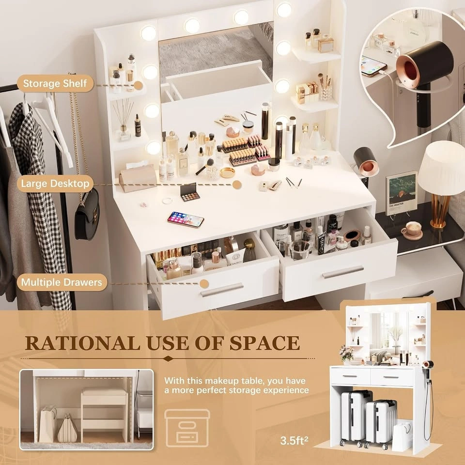 Makeup Vanity Desk with Mirror With Bench and Power Outlet - photo 3
