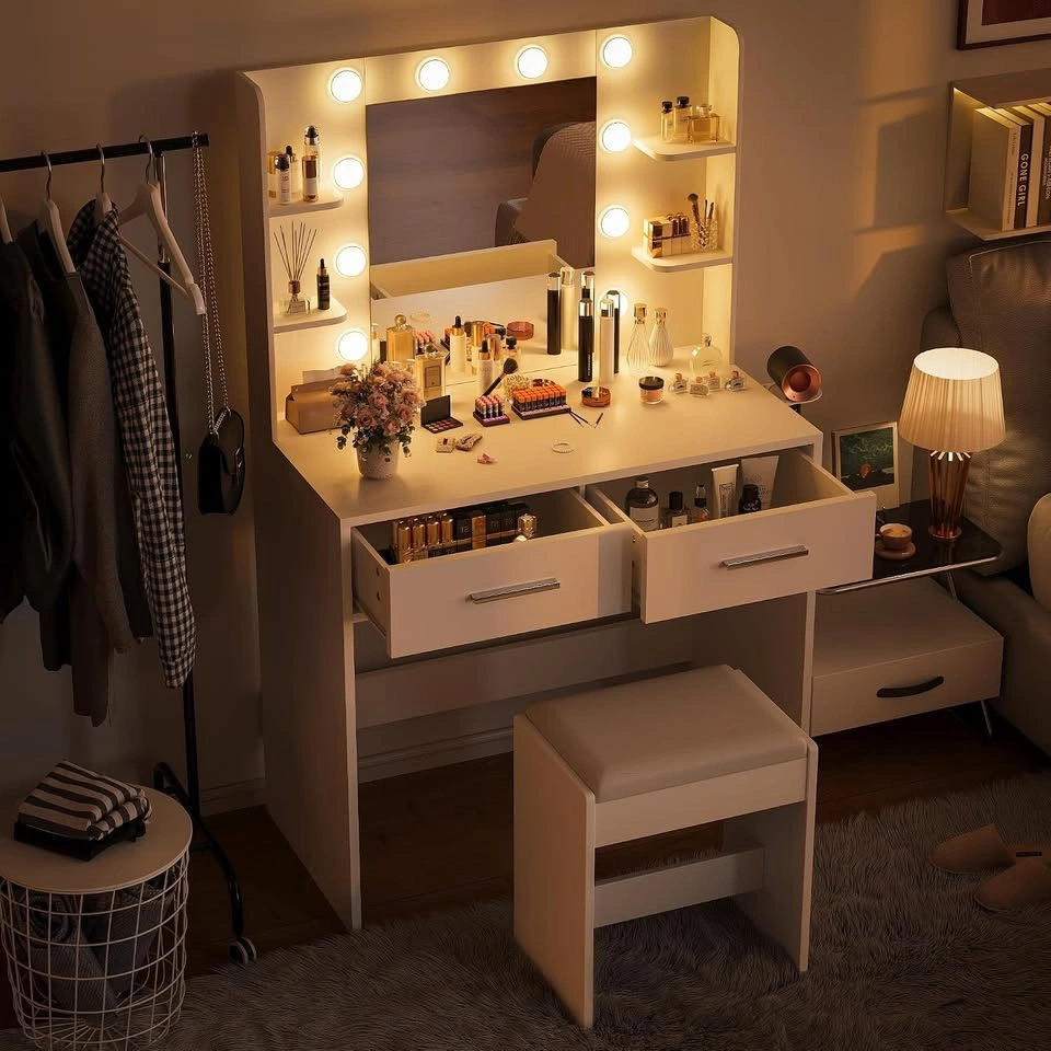 Makeup Vanity Desk with Mirror With Bench and Power Outlet - photo 4