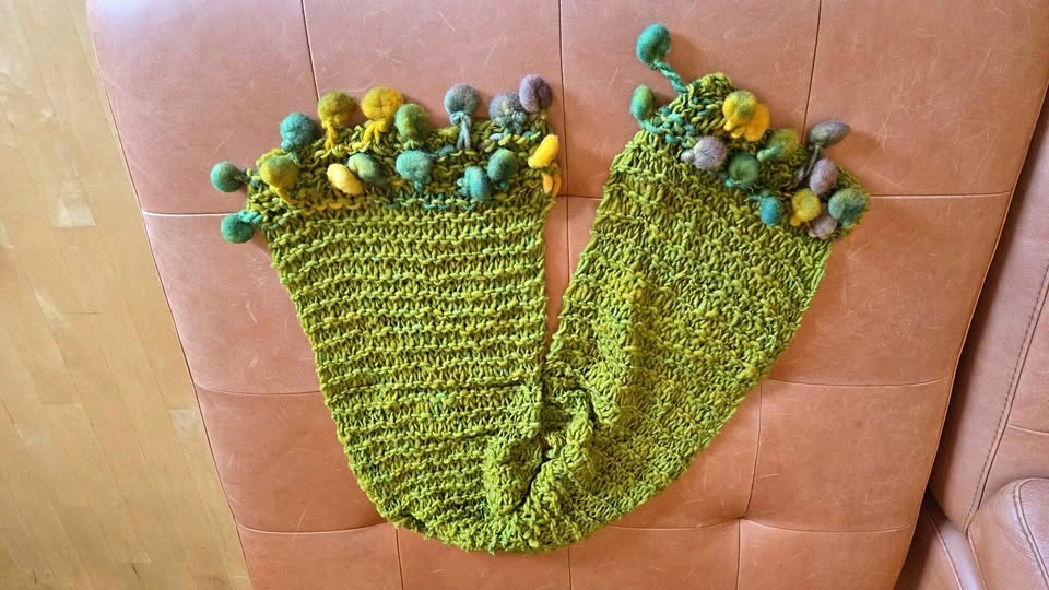 Boho Handknit Chartreuse Wool Scarf w Tassels