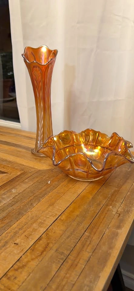 Orange Carnival Glass Vase and Bowl Set of 2