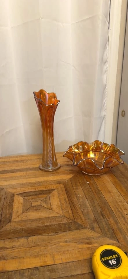 Orange Carnival Glass Vase and Bowl Set of 2 - photo 2