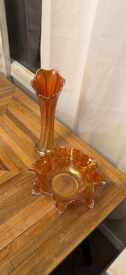 Orange Carnival Glass Vase and Bowl Set of 2 - photo 3