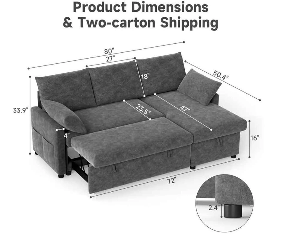Grey Fabric Sleeper Sectional Sofa with Storage Chaise - photo 4