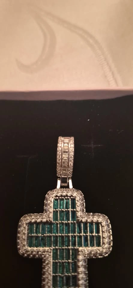 Rhodium Cross Pendant – Green Baguette Stones with Pavé Halo - photo 2