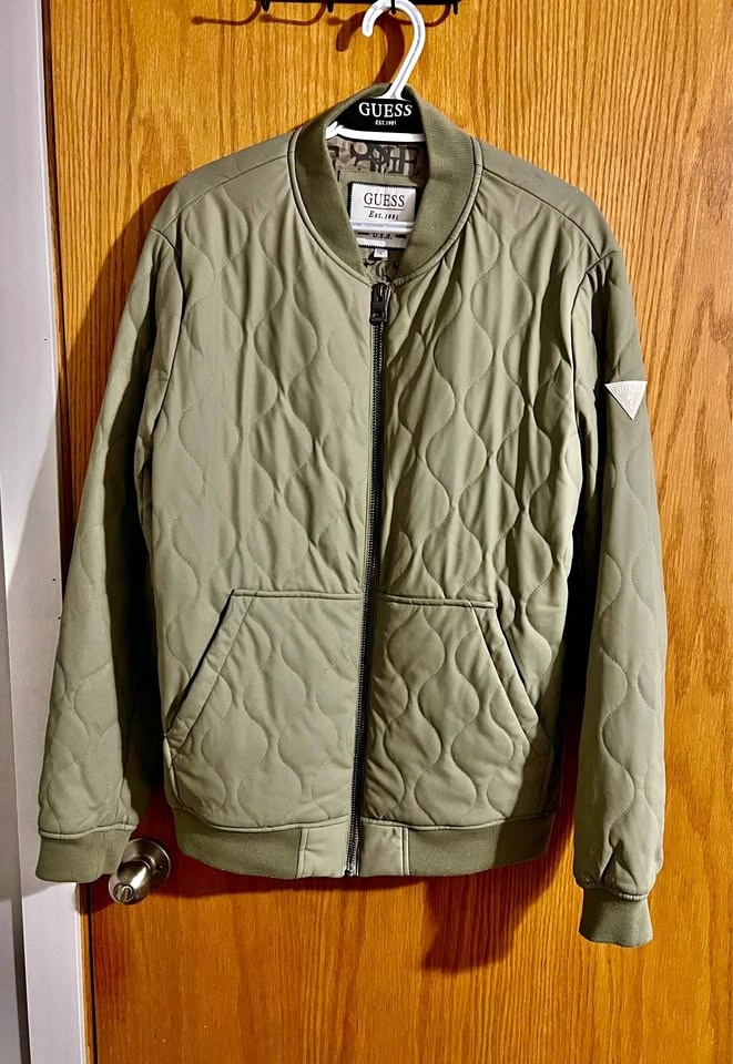 GUESS Men's Quilted Bomber Jacket – Olive Green – Size XL