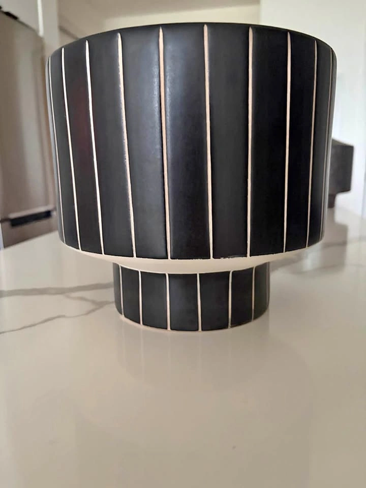 CB2 Komo Matte Black Striped Ceramic Planter