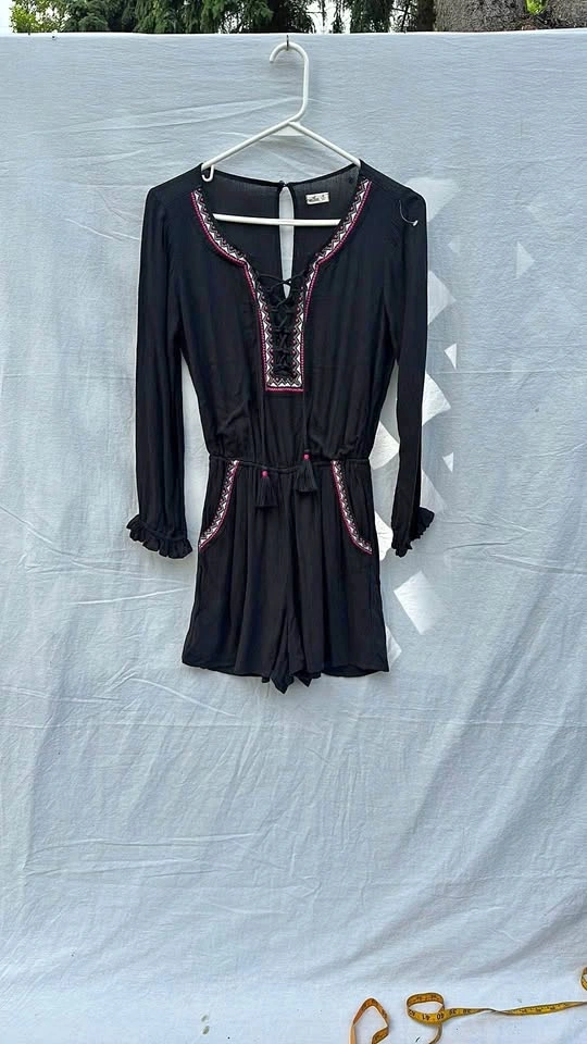 Hollister Black Shorts Romper with Pink Embroidery