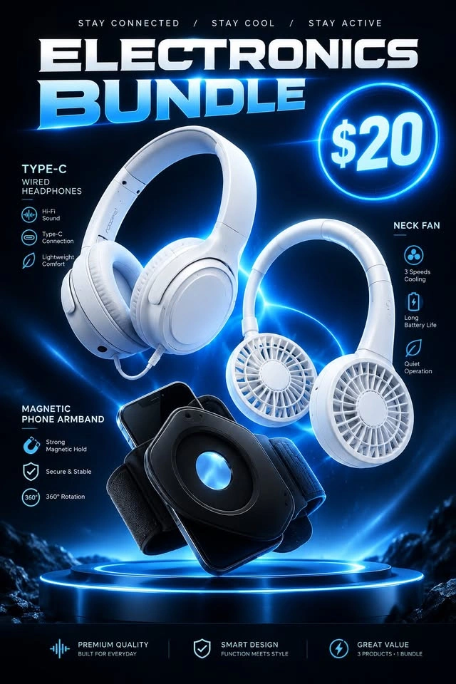 Electronics Accessories Bundle - Headphones + Neck Fan + Phone A
