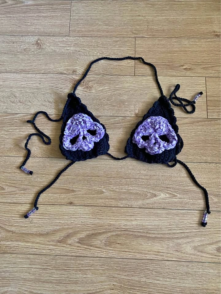 Handmade Black & Purple Crochet Skull Halter Bikini Top