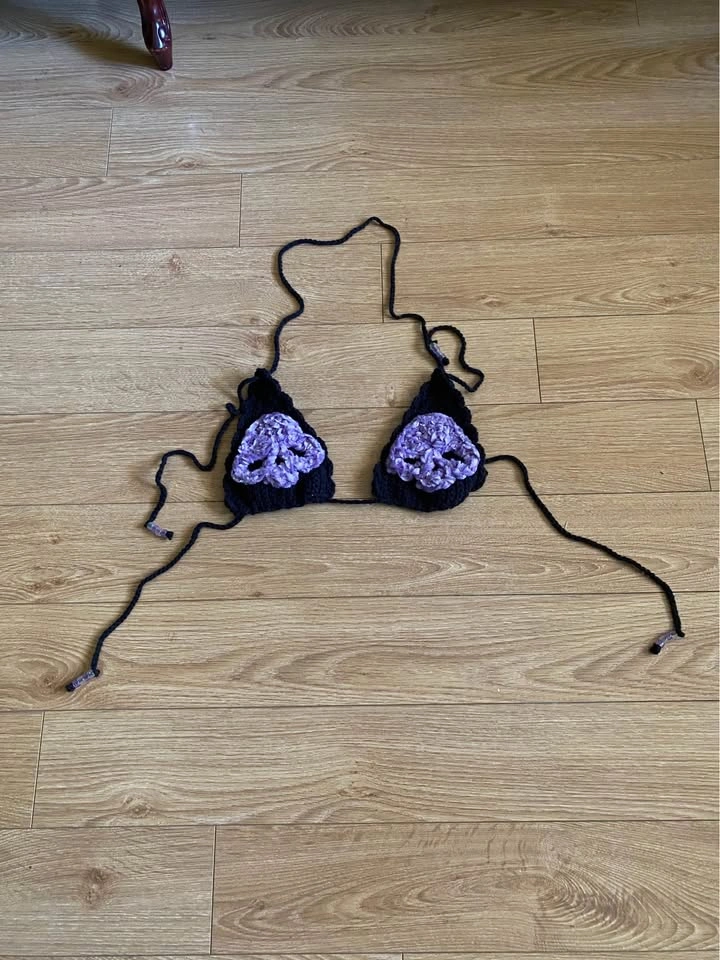 Handmade Black & Purple Crochet Skull Halter Bikini Top - photo 3