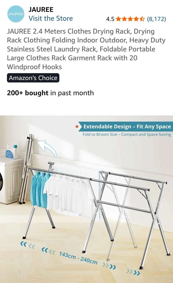 JAUREE 2.4m Foldable Heavy Duty Stainless Steel Drying Rack - photo 3