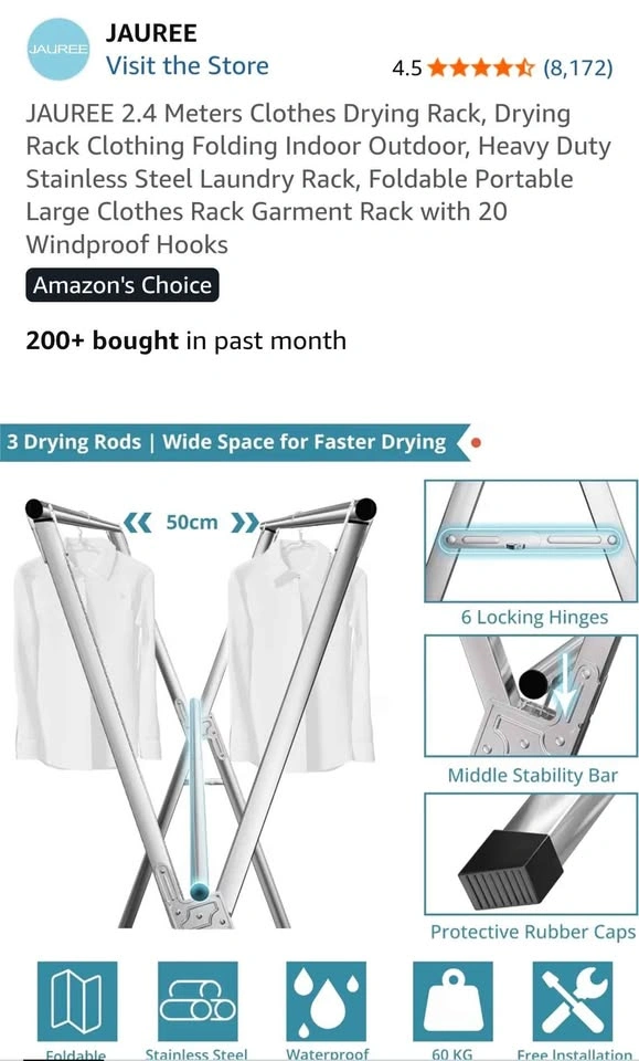JAUREE 2.4m Foldable Heavy Duty Stainless Steel Drying Rack - photo 5