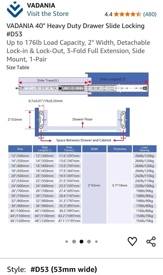 VADANIA 40" Heavy Duty Drawer Slide Locking #D53 - photo 3