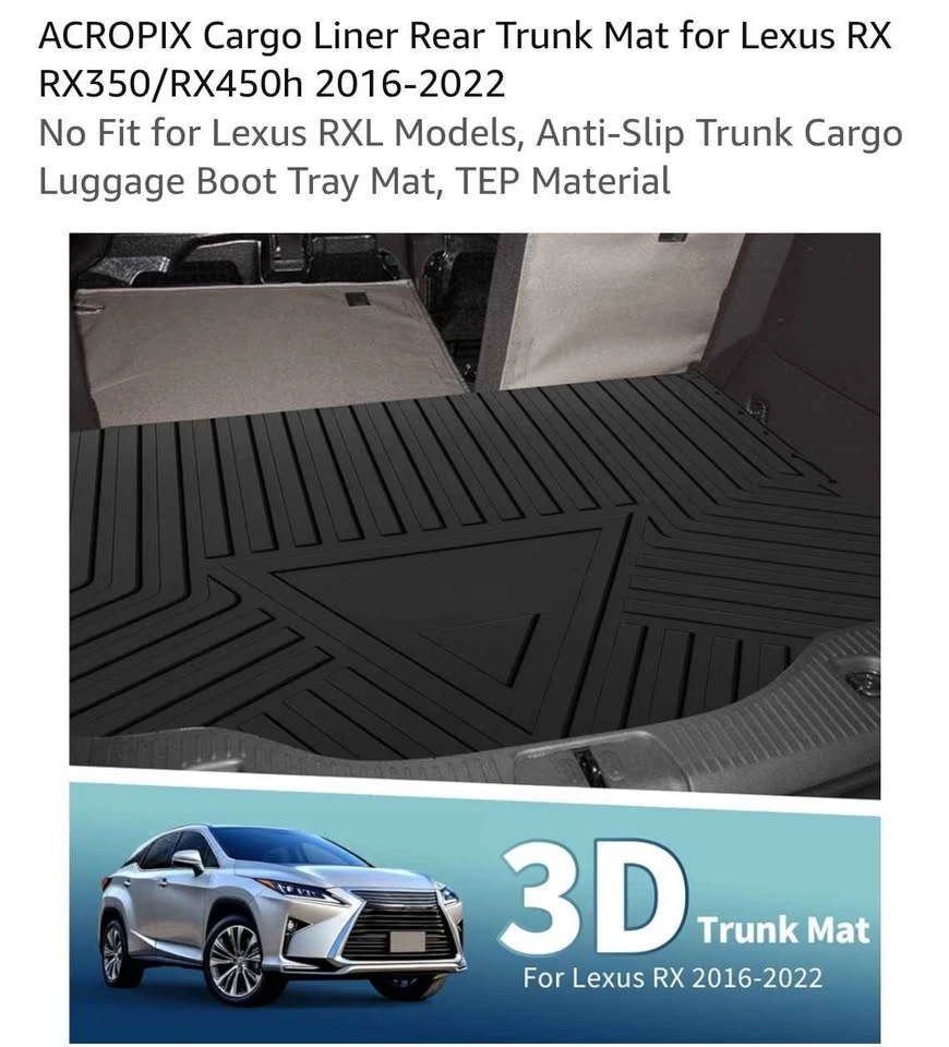 Cargo Liner Rear Trunk Mat for Lexus RX RX350/RX450h 2016-2022 - photo 2