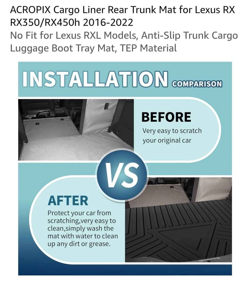Cargo Liner Rear Trunk Mat for Lexus RX RX350/RX450h 2016-2022 - photo 4