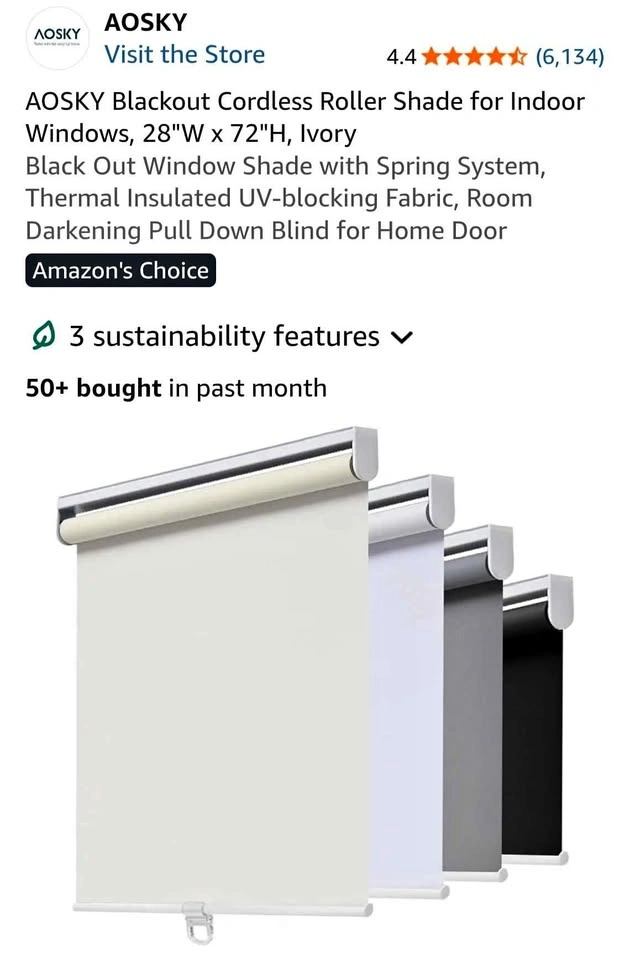 AOSKY Blackout Cordless Roller Shade, 28"W x 72"H, Ivory