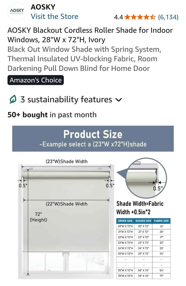AOSKY Blackout Cordless Roller Shade, 28"W x 72"H, Ivory - photo 3