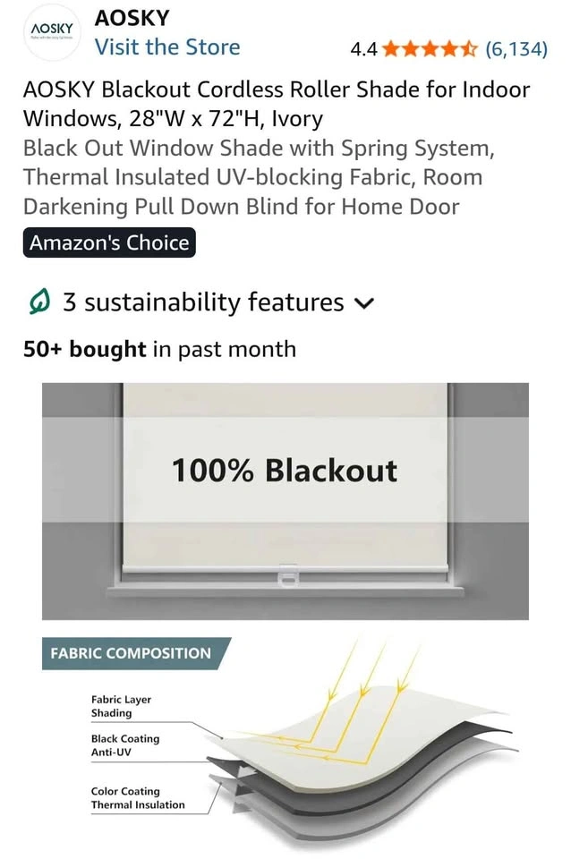 AOSKY Blackout Cordless Roller Shade, 28"W x 72"H, Ivory - photo 5