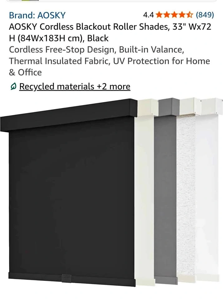 AOSKY Cordless Blackout Roller Shades, 33" W x 72" H, Black