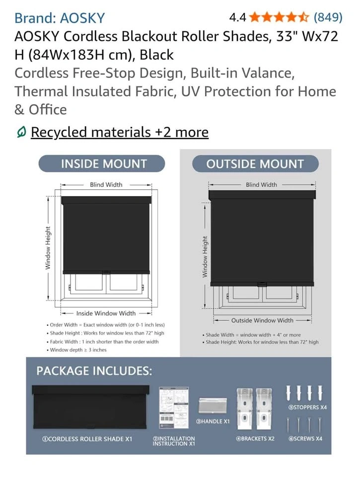 AOSKY Cordless Blackout Roller Shades, 33" W x 72" H, Black - photo 2