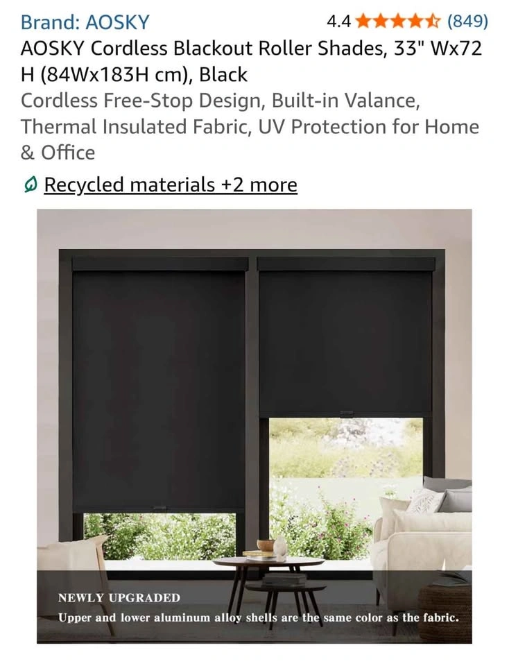 AOSKY Cordless Blackout Roller Shades, 33" W x 72" H, Black - photo 3