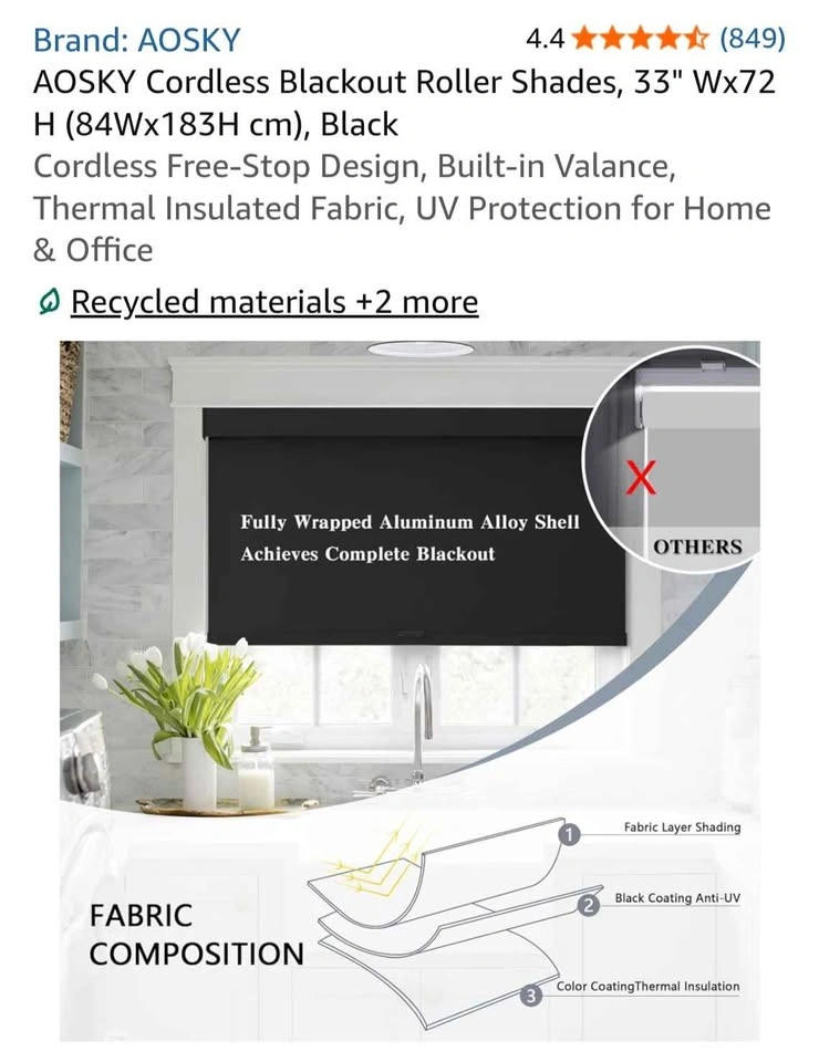 AOSKY Cordless Blackout Roller Shades, 33" W x 72" H, Black - photo 5