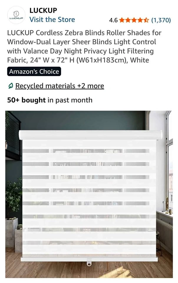 LUCKUP Cordless Zebra Blinds Roller Shades, 24" W x 72" H, White