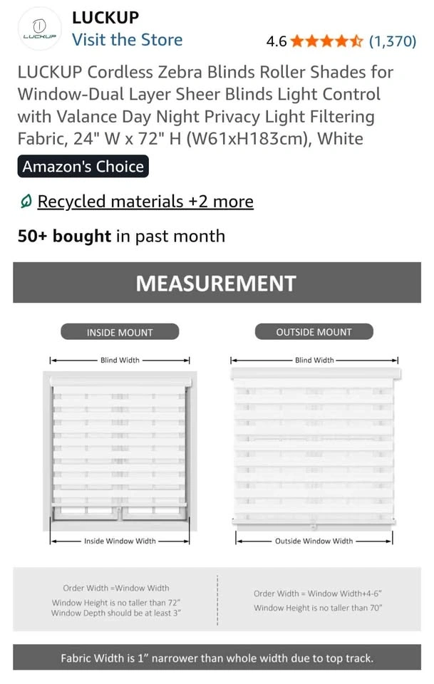 LUCKUP Cordless Zebra Blinds Roller Shades, 24" W x 72" H, White - photo 2
