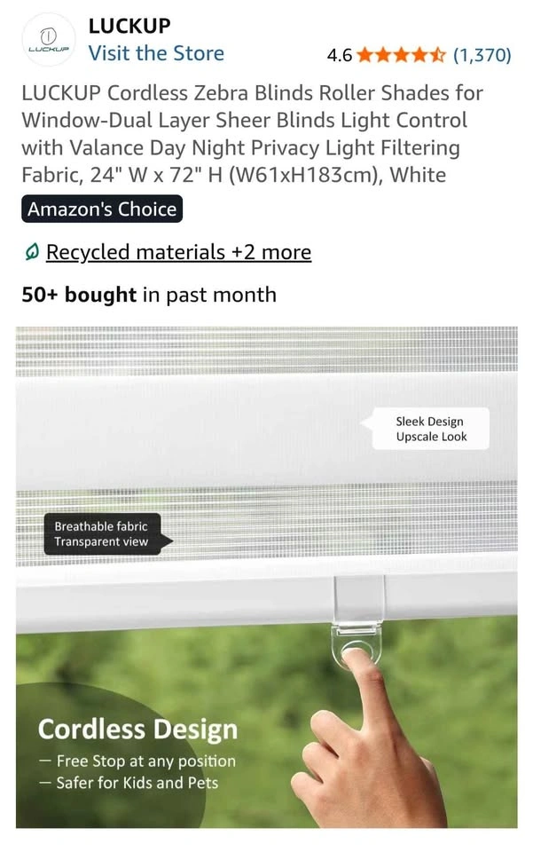 LUCKUP Cordless Zebra Blinds Roller Shades, 24" W x 72" H, White - photo 3