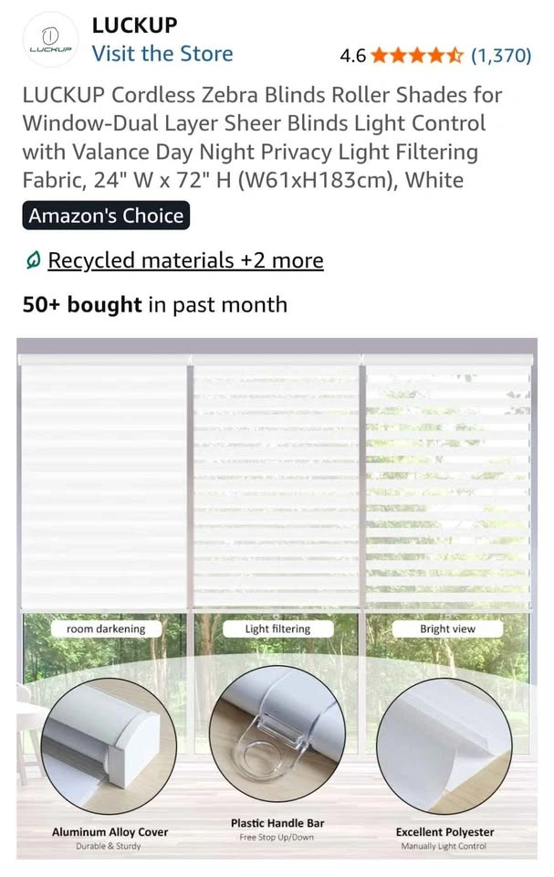 LUCKUP Cordless Zebra Blinds Roller Shades, 24" W x 72" H, White - photo 4