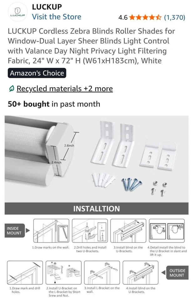 LUCKUP Cordless Zebra Blinds Roller Shades, 24" W x 72" H, White - photo 5