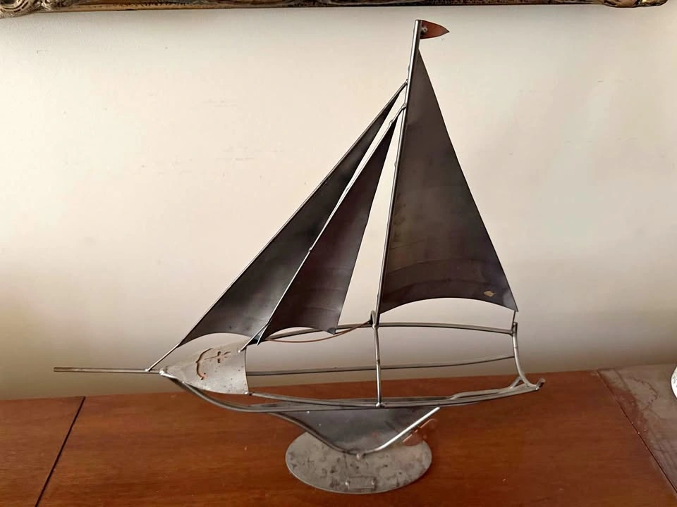 Vintage Metal Sailboat Sculpture wine bottle holder