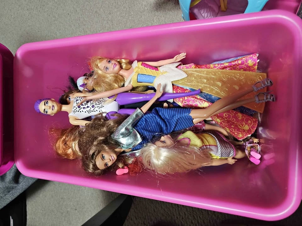 Barbie roller bin with Barbies and accessories