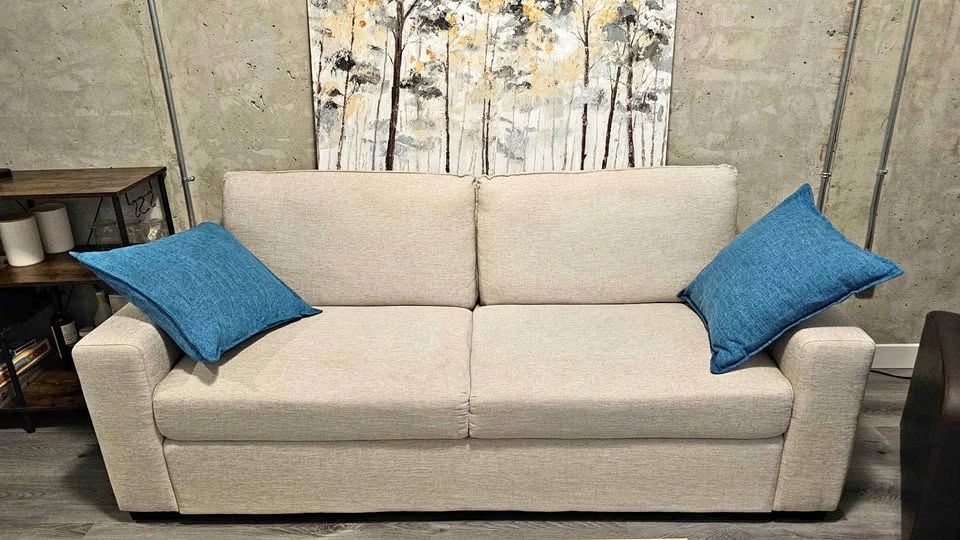 Modern Taupe Sofa / Couch – Only 1 Year Old (Includes 3-Yr Warra