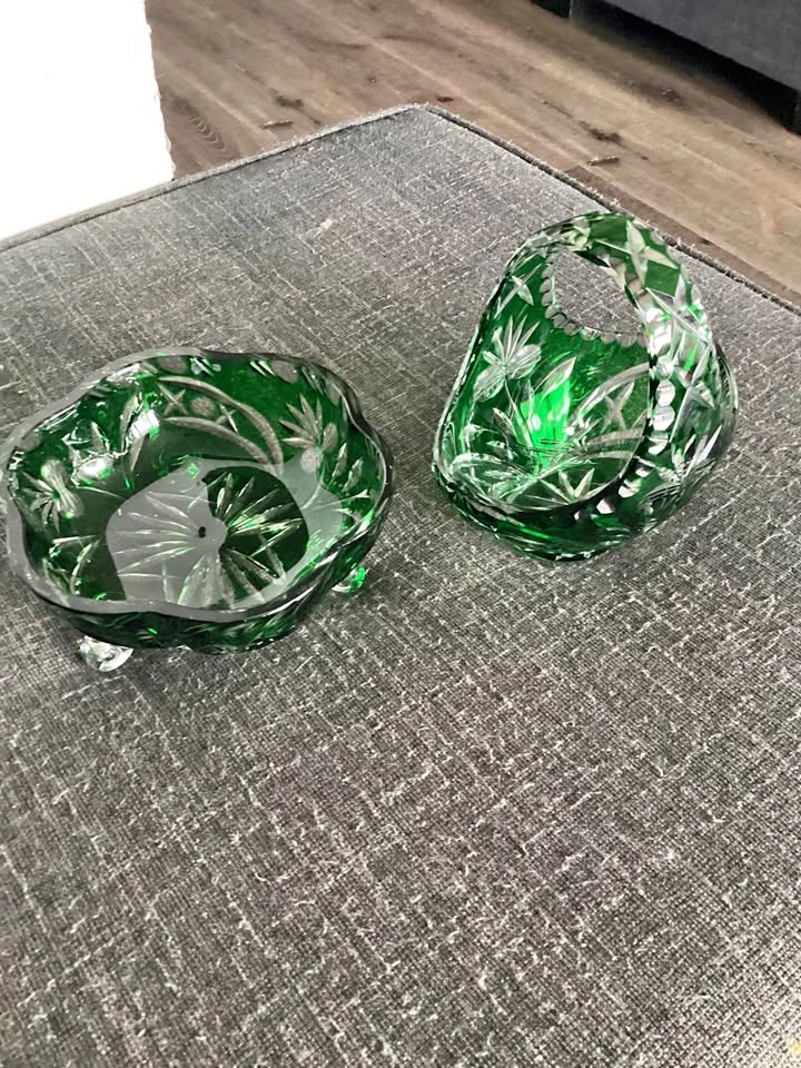 Vintage Bohemian Emerald Green Cut-to-Clear Crystal Set