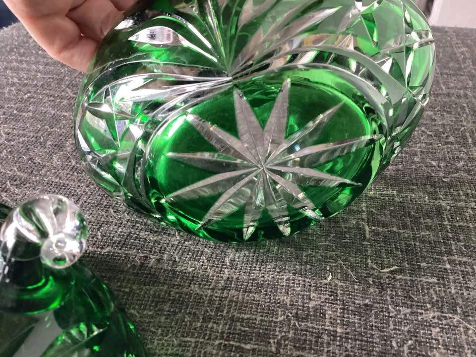 Vintage Bohemian Emerald Green Cut-to-Clear Crystal Set - photo 5